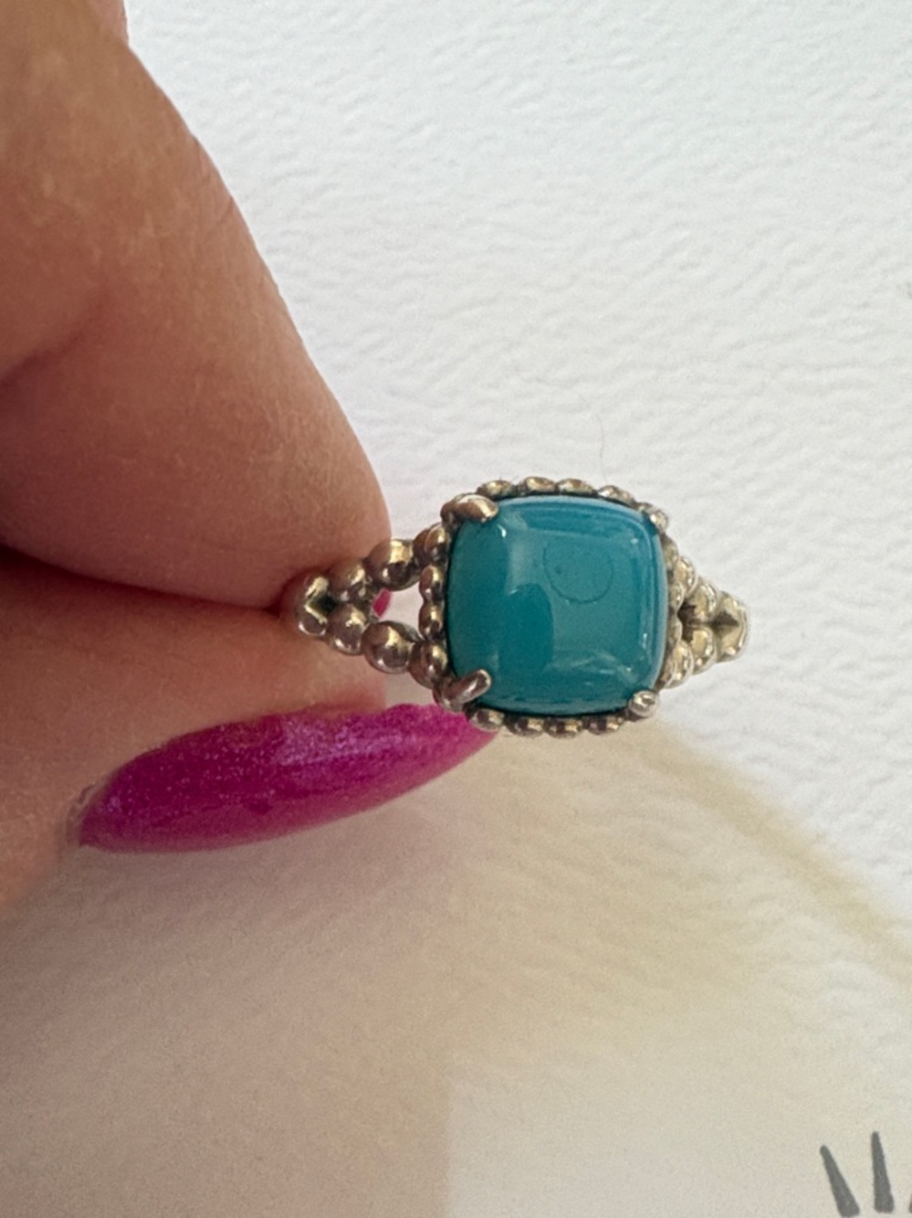 Pandora Turquoise Cushion Cabochon Beaded Silver Ring